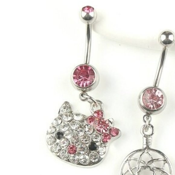 HELLO KITTY BELLY BUTTON JEWELRY 14G Stainless Steel CRYSTAL SETTINGS - Picture 1 of 1
